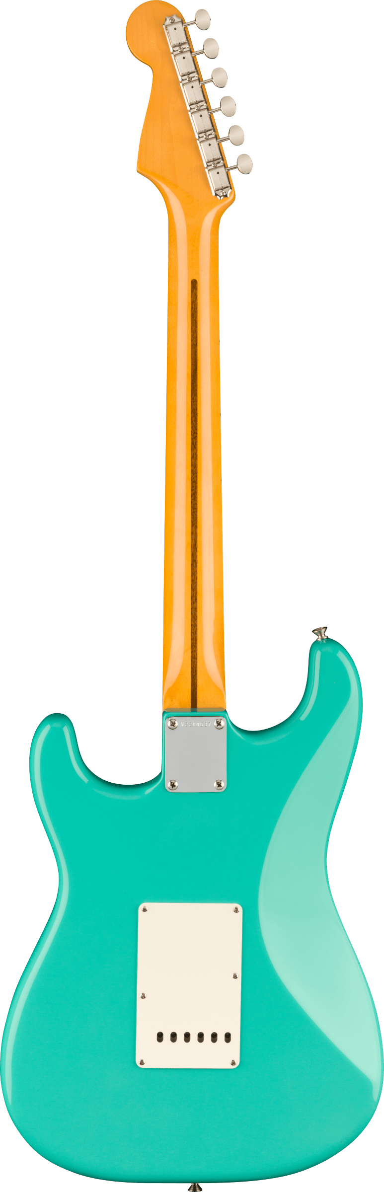 The image shows the back of a Stratocaster-style electric guitar with a glossy turquoise body and classic curves. It has an orange/amber maple neck with a maple fretboard and six tuning pegs on a Fender-style headstock. Visible hardware includes a white tremolo and pickup cavity covers, plus a metal neck plate. The vibrant color contrast and clean condition highlight this iconic American electric guitar design.