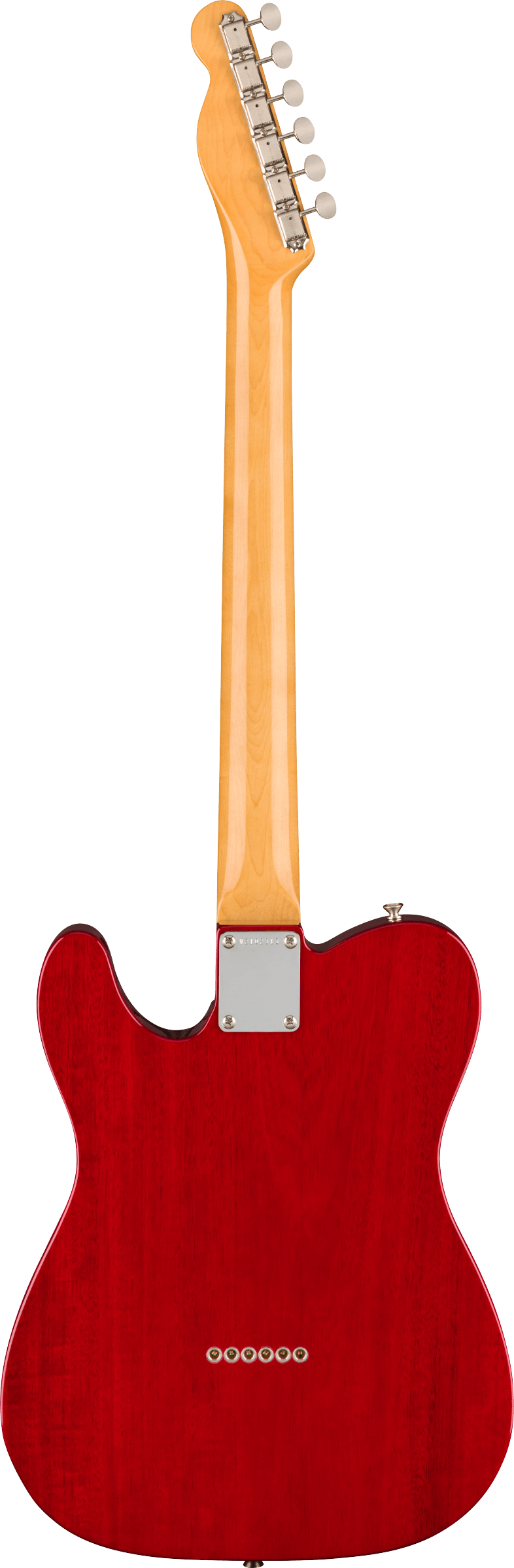 The image shows the back of a Telecaster-style electric guitar with a deep cherry red single-cutaway body. It features a bolt-on natural maple neck with a metal neck plate and six chrome tuning pegs in a straight line on the curved Fender-style headstock. The guitar has a clean finish and classic design, known for its bright, versatile tone popular in country, rock, and blues music.