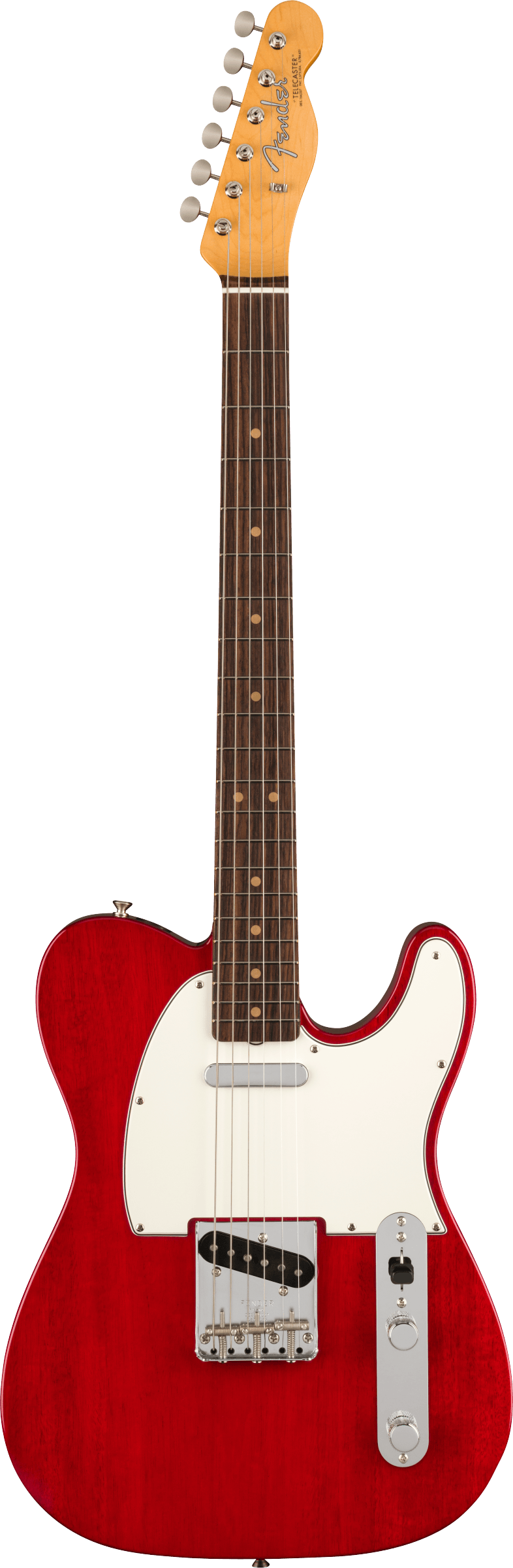 The image shows a Fender Telecaster electric guitar with a classic bright red body and white pickguard. It features a natural maple headstock with the Fender logo, six chrome tuning pegs, a maple neck with a dark fretboard, and dot markers. The guitar has the signature Telecaster pickups, controls, and bridge, highlighting its iconic, timeless design known for a bright, cutting tone.