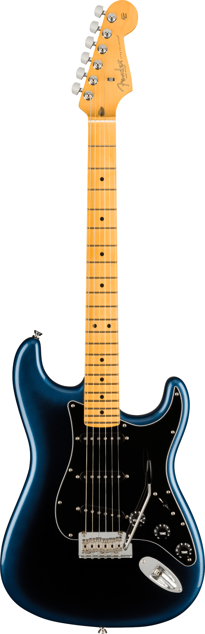 The image shows a Fender Stratocaster electric guitar with a deep blue/teal metallic body, a natural maple neck and fretboard, and the classic Fender headstock with chrome tuning pegs and logo. It features a black pickguard with three single-coil pickups, chrome hardware, and the iconic double cutaway Stratocaster body shape, known for its versatile tone and timeless design since the 1950s.