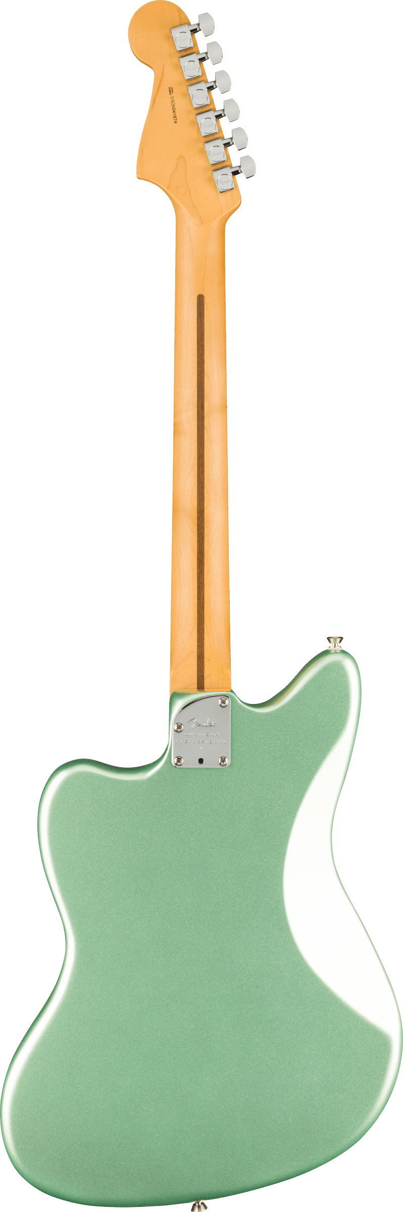 The image shows the back of an electric guitar, likely a Fender, with a glossy seafoam green body and natural maple neck and headstock. It features six chrome tuning pegs in a 6-in-line layout, a metal neck plate, and an offset body shape similar to a Jazzmaster. The guitar has a clean, professional build with a vintage-inspired look combining the mint green body and light wood neck.