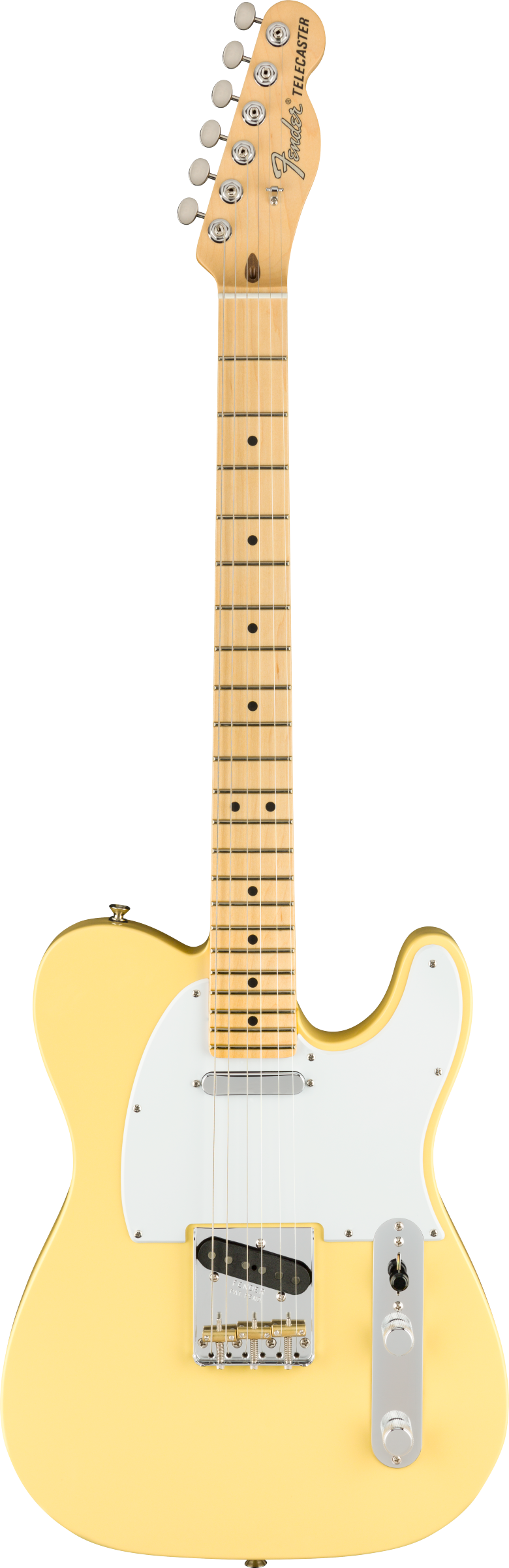 The image shows a Fender Telecaster electric guitar with a cream/vintage white finish, classic single-cutaway body, white pickguard, and maple neck with black dot markers. It features chrome hardware, two single-coil pickups, volume and tone knobs, a 3-way selector switch, fixed bridge, and six-on-a-side tuning pegs. The headstock displays the Fender logo and "TELECASTER" text, reflecting a vintage or reissue model.