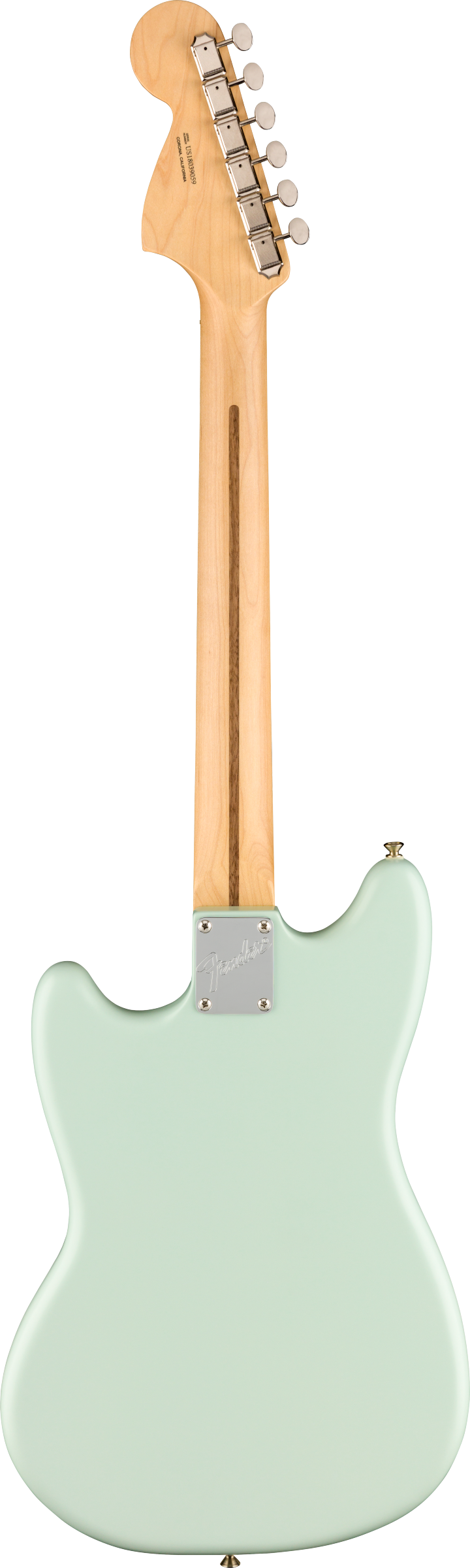 The image shows the back of a mint green Fender Telecaster-style electric guitar with a classic single cutaway body. It features a natural maple neck and headstock with visible wood grain, six chrome tuning pegs in a line, a truss rod adjustment slot, and a chrome 4-bolt neck plate typical of bolt-on Fender construction. The smooth finish and vintage color enhance its classic American design.