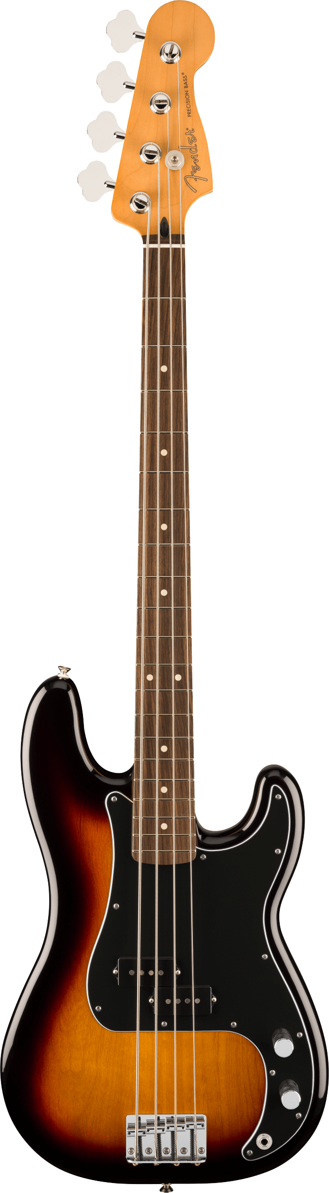 The image shows a Fender electric bass guitar, likely a Precision Bass model, with a sunburst body, classic maple headstock bearing the Fender logo, and four chrome tuning pegs with white buttons. It features a maple neck with a dark fretboard, white dot fret markers, a black pickguard with pickups, white control knobs, chrome bridge hardware, and four strings. This iconic design has been central to many music genres since the 1950s.