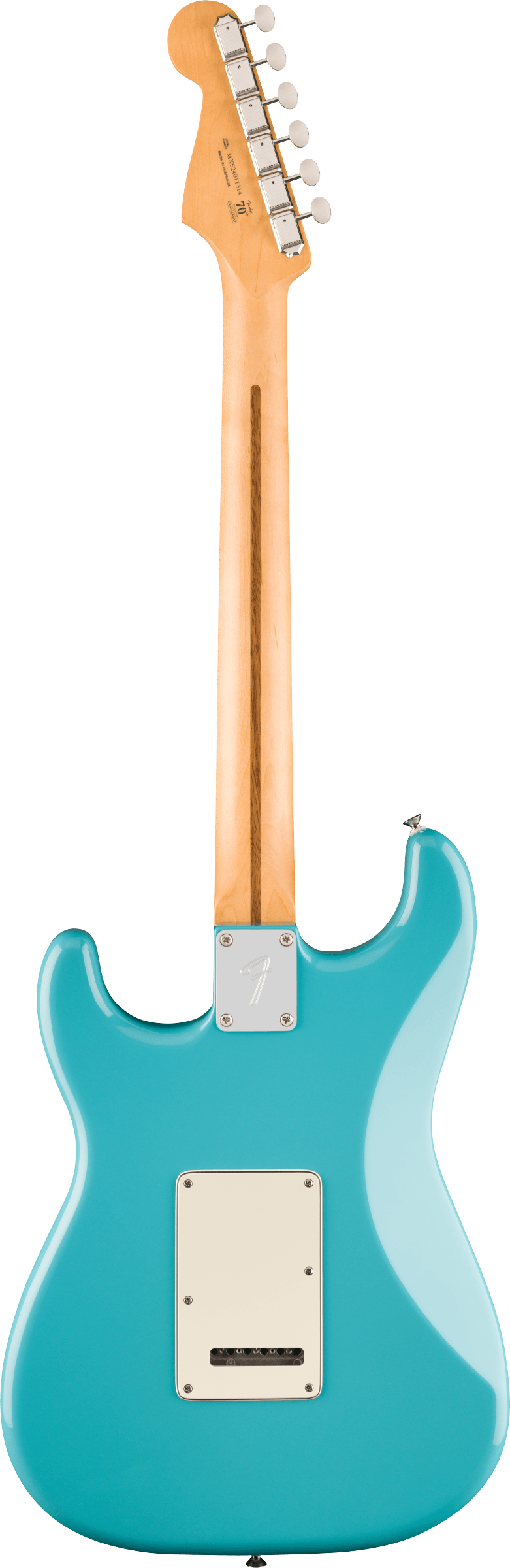 The image shows the back of a Fender Stratocaster-style electric guitar with a turquoise body and white back plate. It has a natural maple neck and headstock with six chrome tuning pegs in a row, a metal neck plate, and chrome hardware. The classic double-cutaway design and vintage finish highlight its timeless appeal, popular across many music genres since the 1950s.