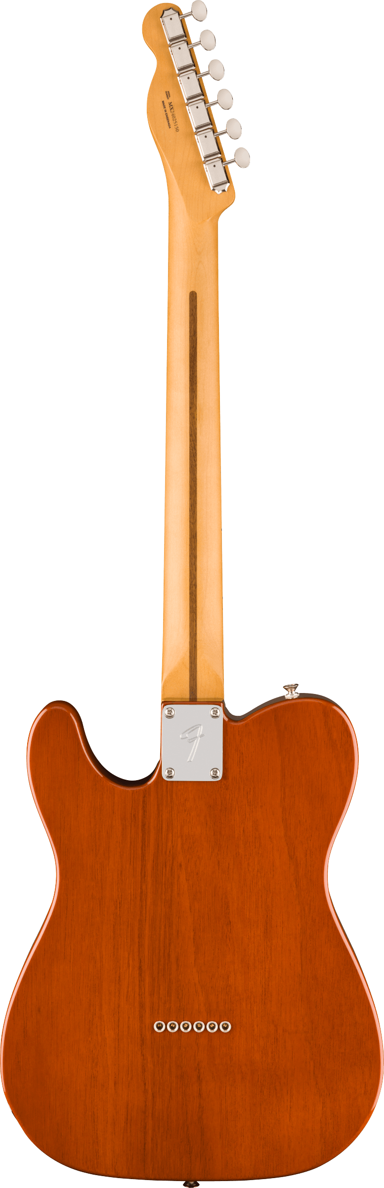 The image shows the back of a Telecaster-style electric guitar with a translucent amber finish highlighting the natural wood grain. It features a classic single cutaway body, chrome tuning pegs aligned on the headstock, a metal neck plate with a logo, and string ferrules at the body’s rear. The bolt-on maple neck and high-quality craftsmanship reflect a professional-grade, glossy finish typical of this versatile guitar style.