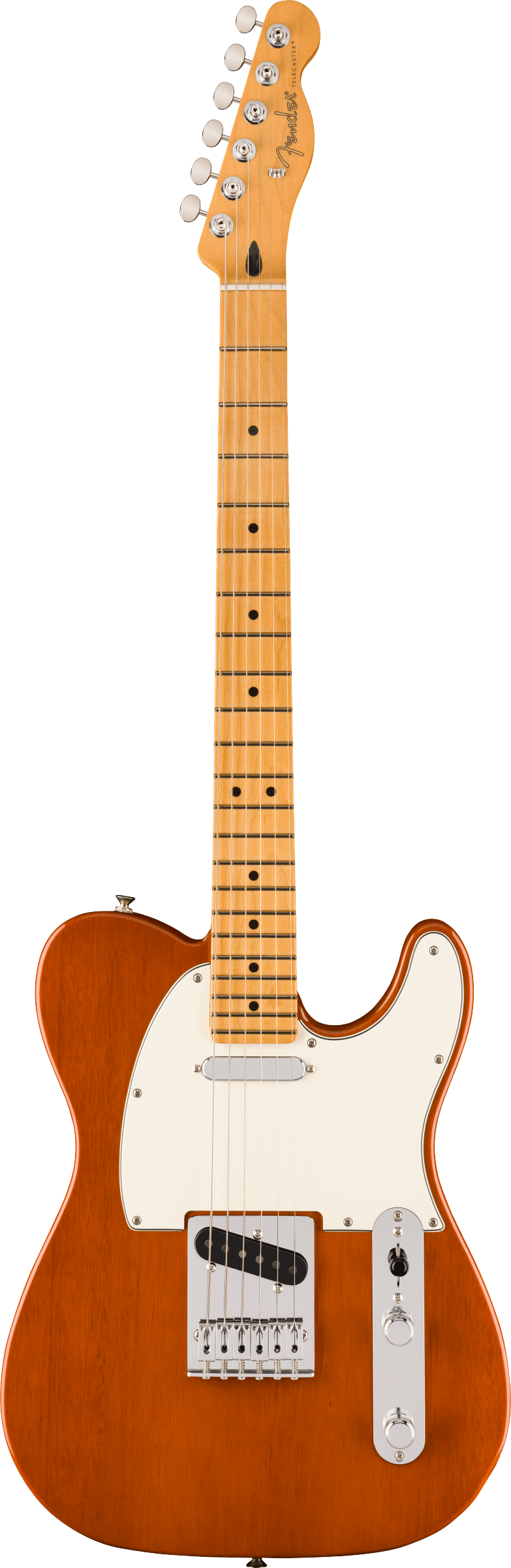 The image shows a Fender Telecaster electric guitar with a classic single cutaway body and orange/amber burst finish. It features a cream pickguard, chrome tuning pegs, two single-coil pickups, a traditional bridge, volume and tone knobs, and a three-way selector switch. The maple neck has dot fret markers and the Fender logo on the headstock, showcasing an iconic American guitar design known for its bright tone.