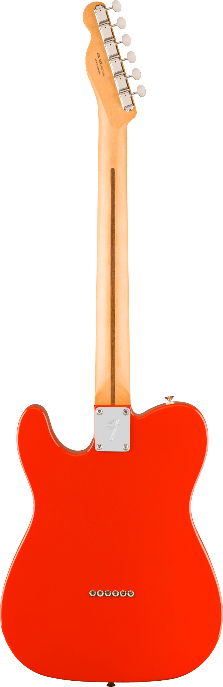 The image shows the back of a Fender Telecaster-style electric guitar with a bright orange/red solid body and classic single cutaway shape. It features a natural maple neck and headstock with six tuning pegs, chrome hardware, a rectangular metal neck plate, and a string-through-body design with six holes. The bolt-on neck and glossy finish highlight this iconic, versatile guitar style.