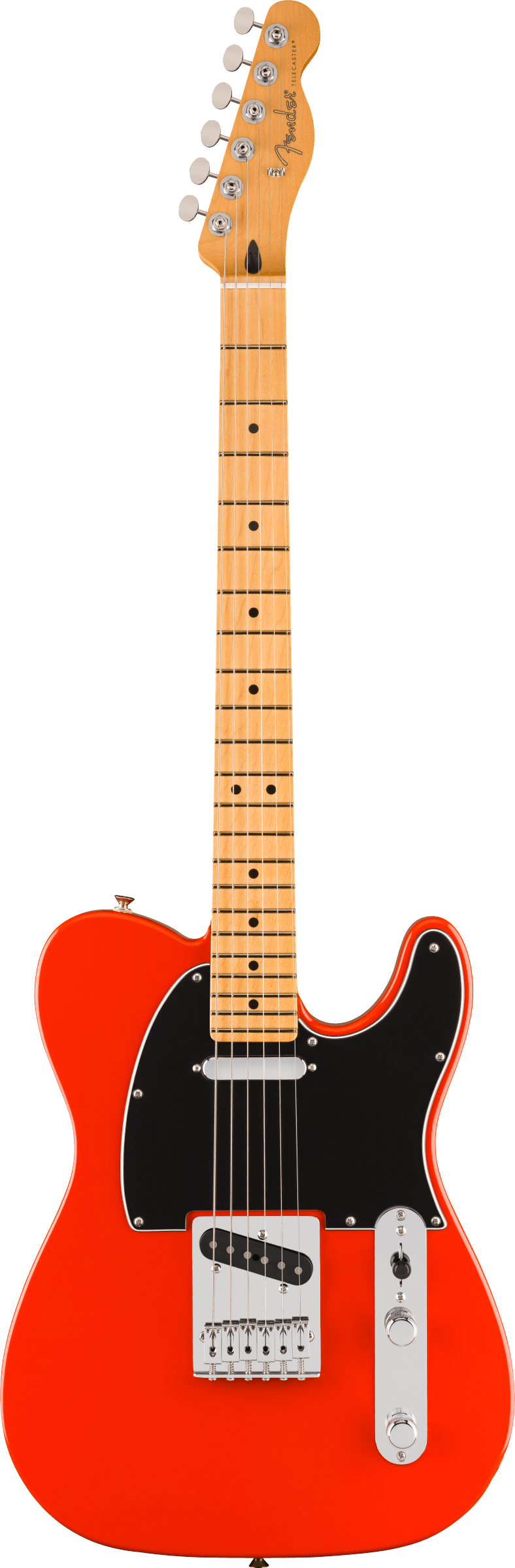 The image shows a Fender Telecaster-style electric guitar with a bright orange/red single-cutaway body, black pickguard, maple neck and fretboard with black dot inlays, chrome hardware, two single-coil pickups, traditional volume and tone controls, six strings, and a "Fender" logo on the headstock. This classic model is known for its bright, versatile tone popular in many music genres since the 1950s.