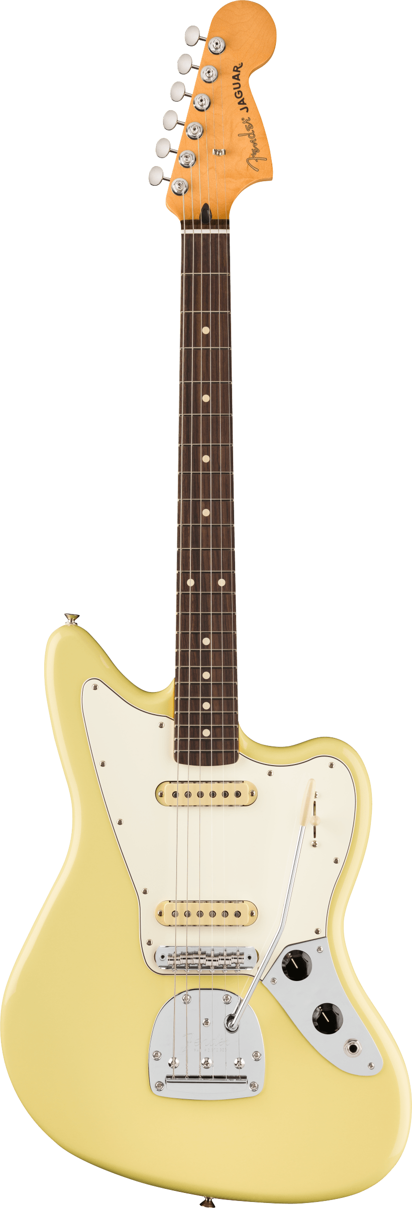 The image shows a Fender Jaguar electric guitar with its iconic offset body, cream single-coil pickups, white pickguard, multiple switches, rosewood fretboard with dot inlays, vintage-style tuning pegs, and a light yellow/cream finish. The "Jaguar" logo is visible on the headstock. Known for its 24" scale and unique tremolo, this classic model is popular among indie and surf rock musicians.