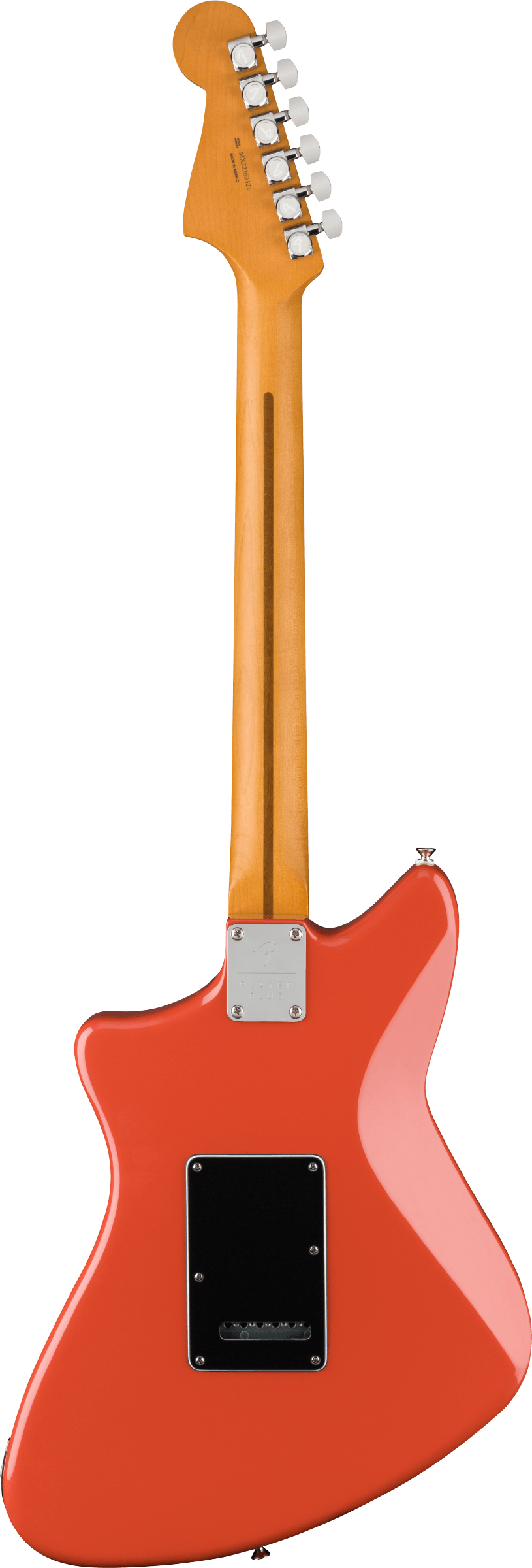 The image shows the back of a modern electric guitar with a natural maple neck and headstock featuring six chrome tuning pegs in a line, typical of Fender styles. The body is a glossy bright red-orange with an angular, offset shape reminiscent of a Jazzmaster. Visible hardware includes chrome tuning machines, a rectangular neck plate, and a black back cavity cover. The guitar combines classic Fender-inspired design with a vibrant finish.