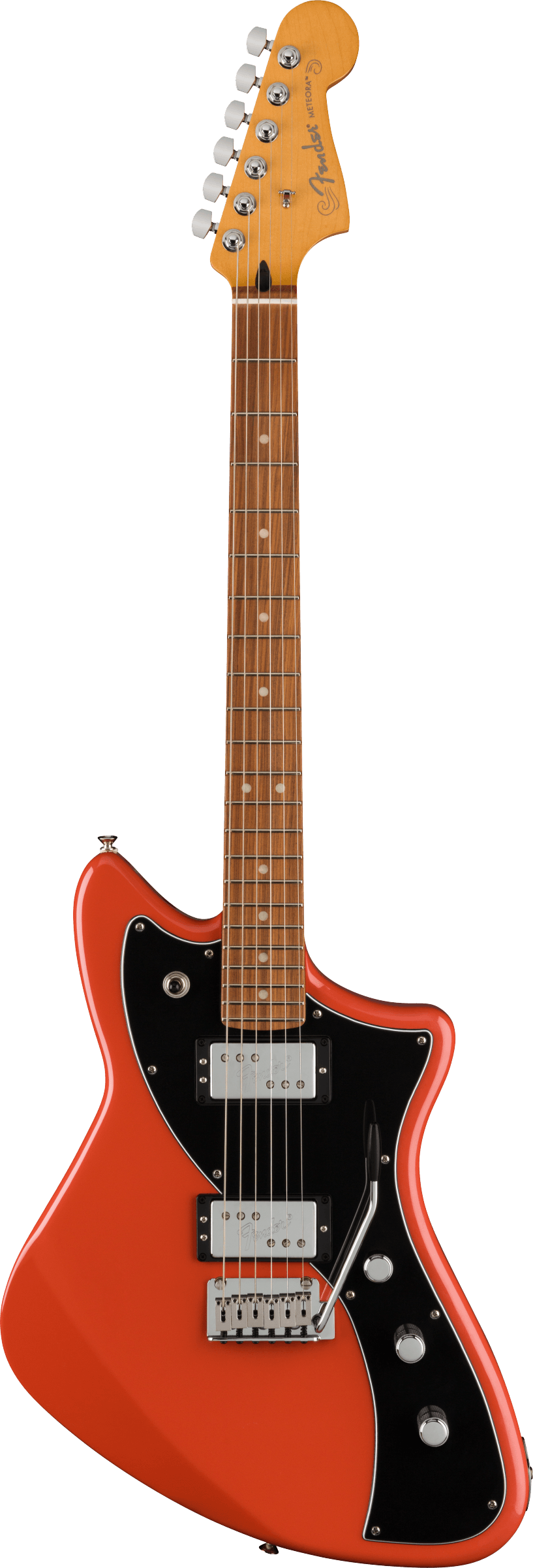 The image shows a Fender Jazzmaster electric guitar with a bright orange/coral offset body and black pickguard. It has two chrome humbucking pickups, chrome bridge and tailpiece, three control knobs, and a toggle switch on the upper horn. The maple headstock features the Fender logo and six chrome tuners. The rosewood fretboard has dot inlays. This modern take blends vintage design with updated playability.