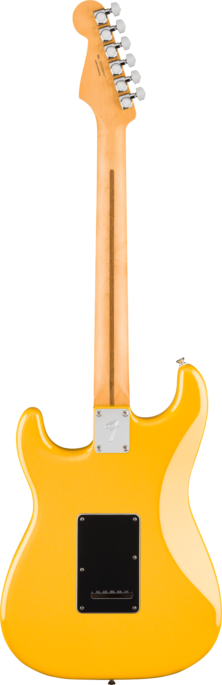 The image shows the back of a bright yellow Fender Stratocaster-style electric guitar with a glossy contoured body. It features a maple bolt-on neck with a natural satin finish, chrome tuning pegs in a 6-in-line headstock, a silver neck plate, and a black back cavity cover. The hardware is chrome or nickel-plated, highlighting this classic, timeless design known for its versatile sound and playability.