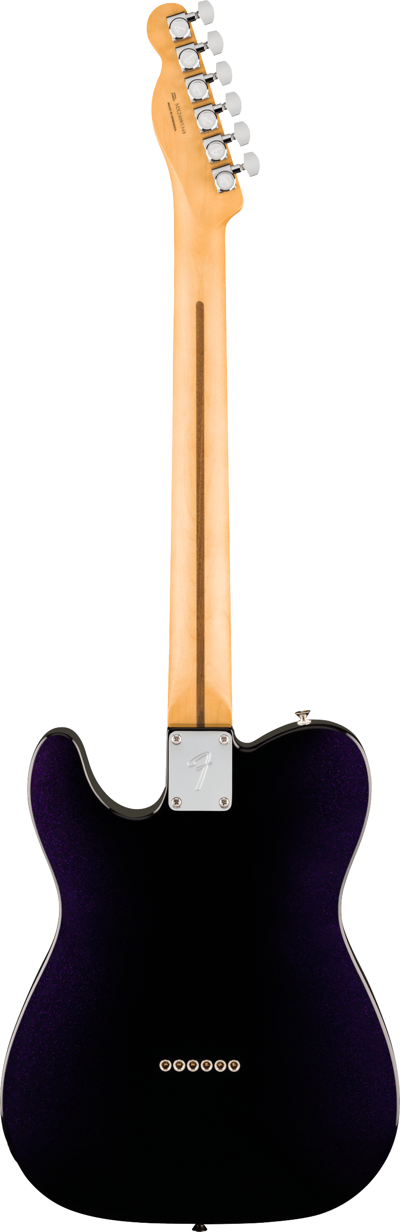 The image shows the back of a Telecaster-style electric guitar with a deep purple glossy body and classic single cutaway. It has a bolt-on maple neck with a dark skunk stripe, chrome tuning machines, and neck plate. String ferrules indicate through-body string mounting. The guitar has a clean, professional finish, blending modern features with traditional Telecaster design for both performance and style.