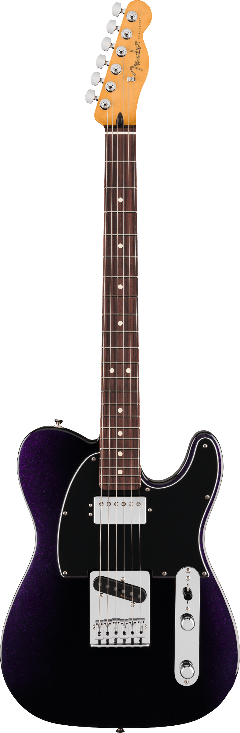 The image shows a Fender Telecaster electric guitar with a classic single cutaway body in dark purple metallic finish. It features a maple neck with the Fender logo on the headstock, rosewood fretboard with dot markers, two single-coil pickups, white pickguard, chrome tuning pegs, and a metal control plate with volume and tone knobs. This modern version retains the traditional Telecaster design and hardware.