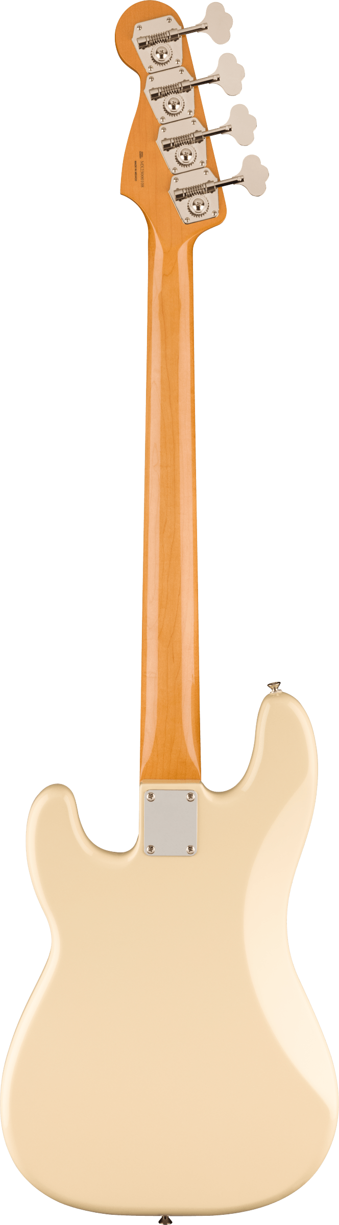 The image shows the back of a 4-string electric bass guitar with a light-colored maple neck and a natural ash or alder body. It features chrome tuning pegs with cream buttons, a metal neck plate for the bolt-on neck, and a classic, vintage-style design with natural wood finishes and chrome hardware. The instrument reflects a traditional American bass aesthetic.