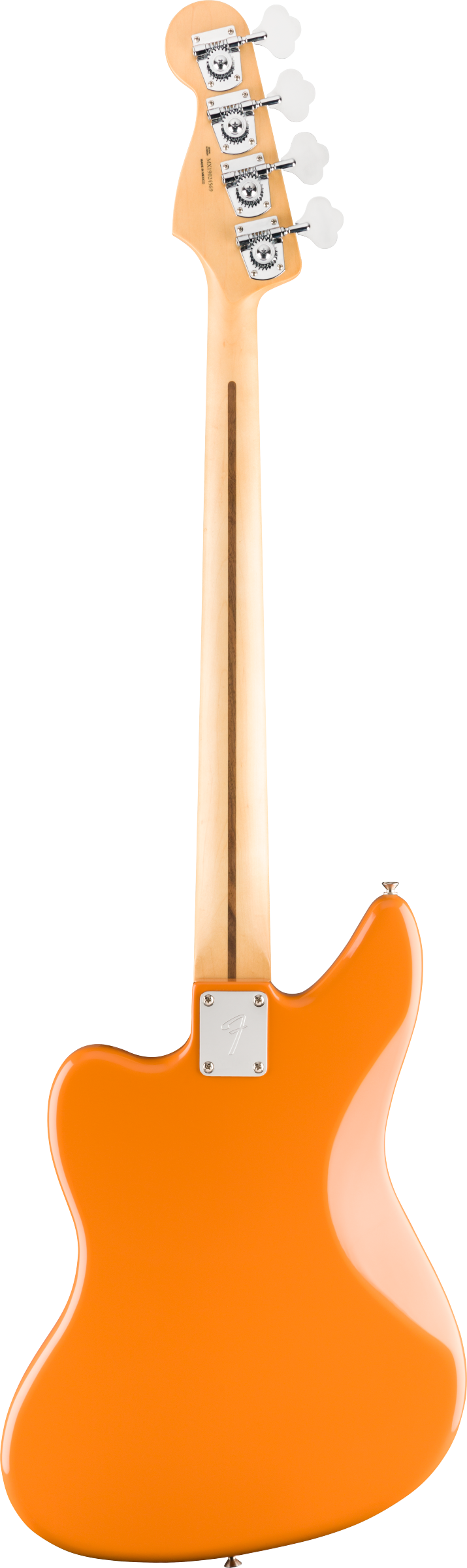The image shows the back of a 4-string electric bass guitar with a vibrant orange/amber glossy body, a natural maple neck and headstock, and four chrome tuning pegs. It features a metal neck plate where the neck meets the body and a classic offset shape. This string instrument plays bass lines in various genres, with thick strings typically tuned E-A-D-G, providing the rhythmic foundation in music.