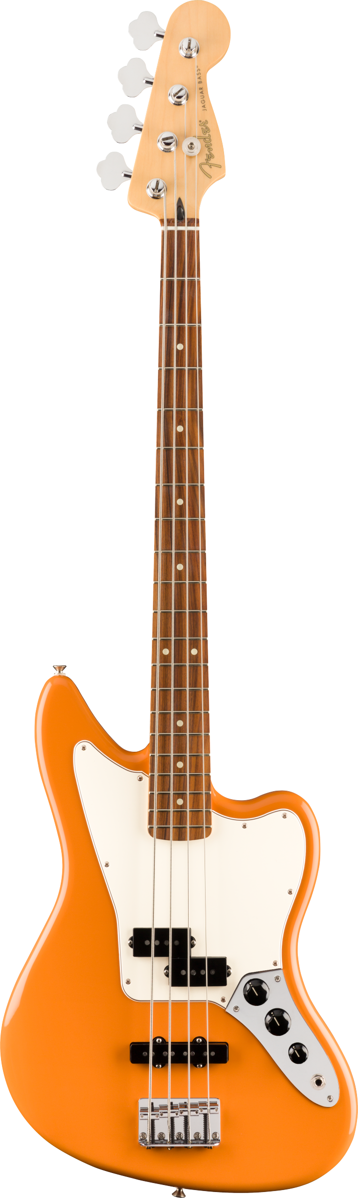 The image shows an electric bass guitar with a bright orange/amber offset body, white pickguard, and four strings. It features chrome hardware, a dark wooden fretboard with white dot markers, and control knobs for tone and volume. The design resembles a Fender Jaguar or Mustang bass, known for its comfortable short-to-medium scale and use in rock, pop, indie, and alternative music.