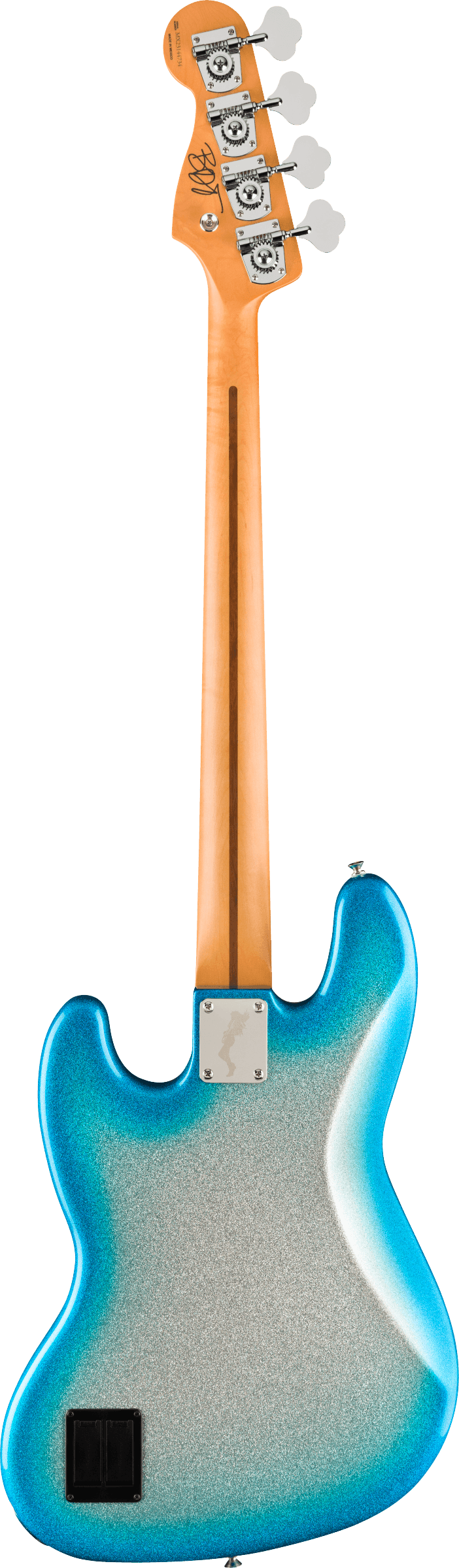 The image shows the back of a modern electric bass guitar with a blue-to-silver metallic gradient finish and classic offset body. It features a natural maple neck, four chrome tuning pegs with cream buttons, and a partially visible headstock logo. Chrome hardware and a small black electronics compartment are visible on the body, indicating a likely 4-string active pickup setup.
