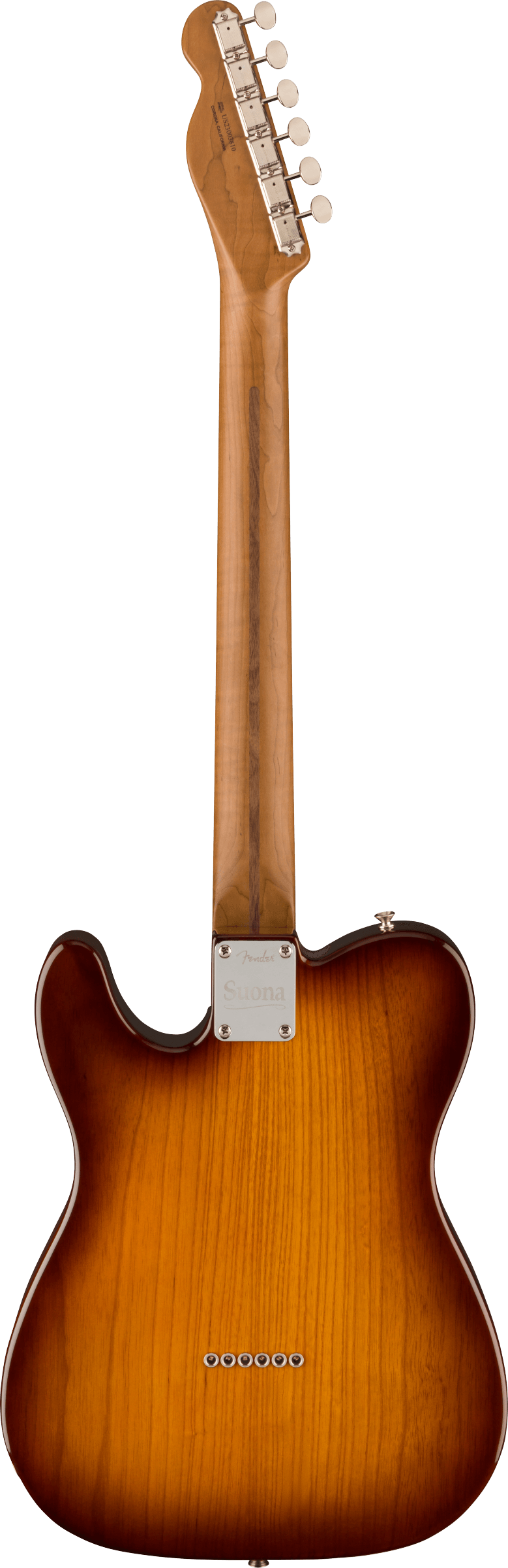 The image shows the back of a Telecaster-style electric guitar with a sunburst finish revealing wood grain. It features a single-cutaway body, chrome tuning machines, a metal neck plate, and six string ferrules. The bolt-on neck appears to be light-colored wood, likely maple. The hardware has a chrome or nickel finish, reflecting classic, high-quality Telecaster design popular in various music genres.