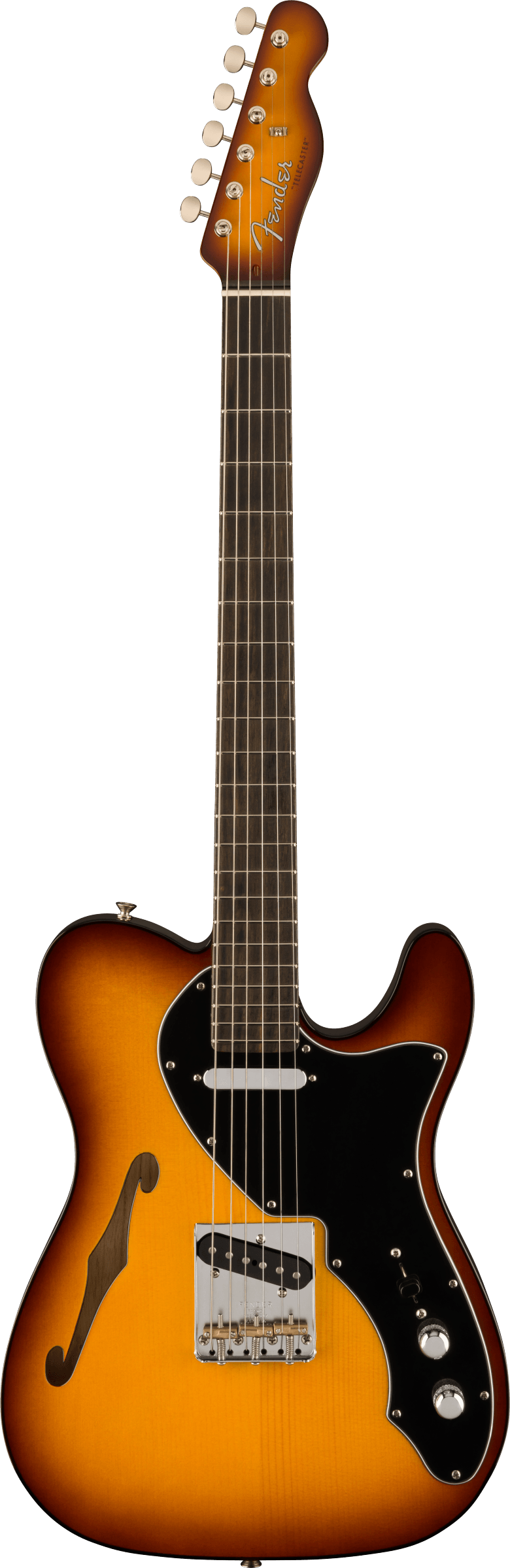The image shows a Fender Telecaster Thinline electric guitar with a semi-hollow body and f-hole. It features a sunburst finish, chrome tuning pegs, black pickguard, two pickups, a traditional Telecaster bridge, and two control knobs. The dark fretboard has standard markers, and the classic Fender headstock displays the logo. This model blends the Telecaster’s iconic design with enhanced warmth and resonance.