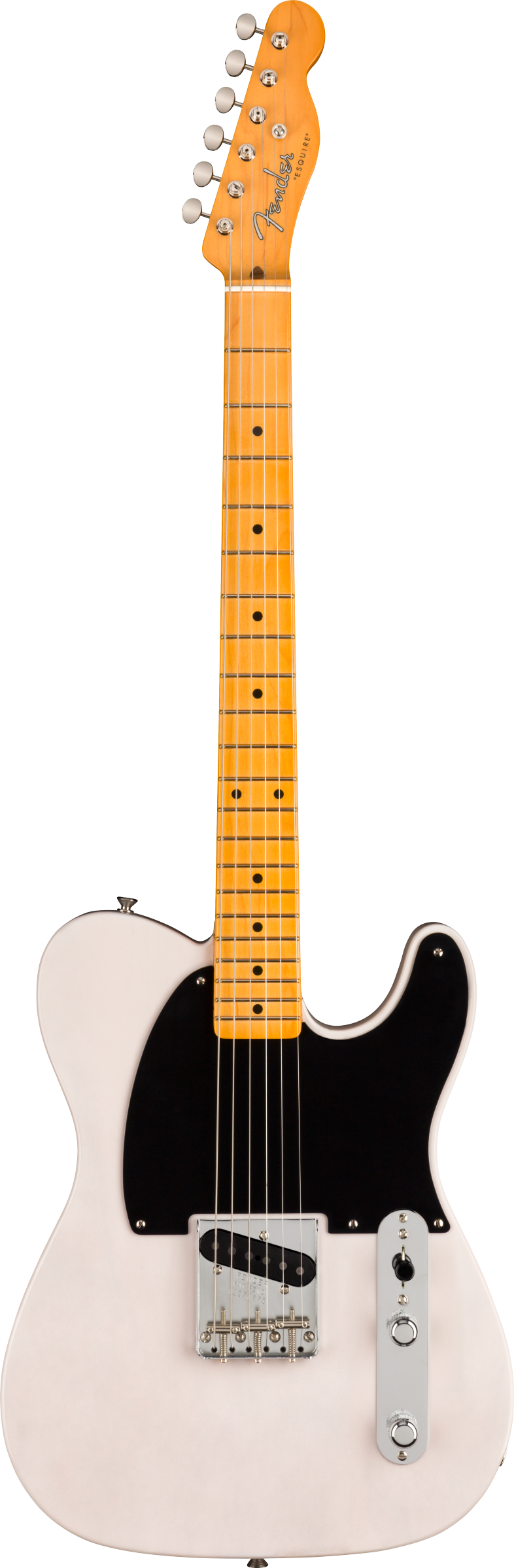 The image shows a Fender Telecaster electric guitar with a cream-colored body and black pickguard, maple neck and fretboard, and the classic Fender headstock with six tuning pegs. It features chrome hardware, two single-coil pickups, volume and tone knobs, and a pickup selector switch. Known for its bright, versatile tone, the Telecaster’s angular body and iconic design have made it a staple since the 1950s.