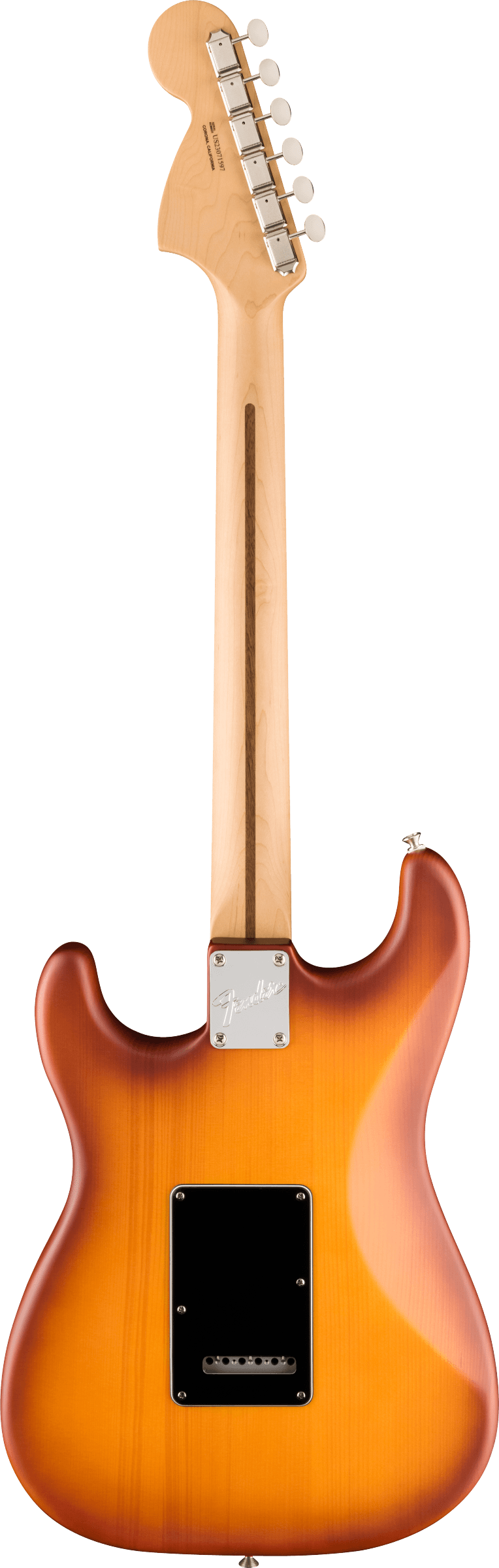 The image shows the back of a Fender electric guitar with a maple neck and sunburst body finish. It features the classic Fender headstock with six inline chrome tuning machines, a chrome neck plate with the Fender logo, and black cavity covers. The bolt-on neck design and overall style suggest it is likely a Stratocaster or similar professional-grade model.