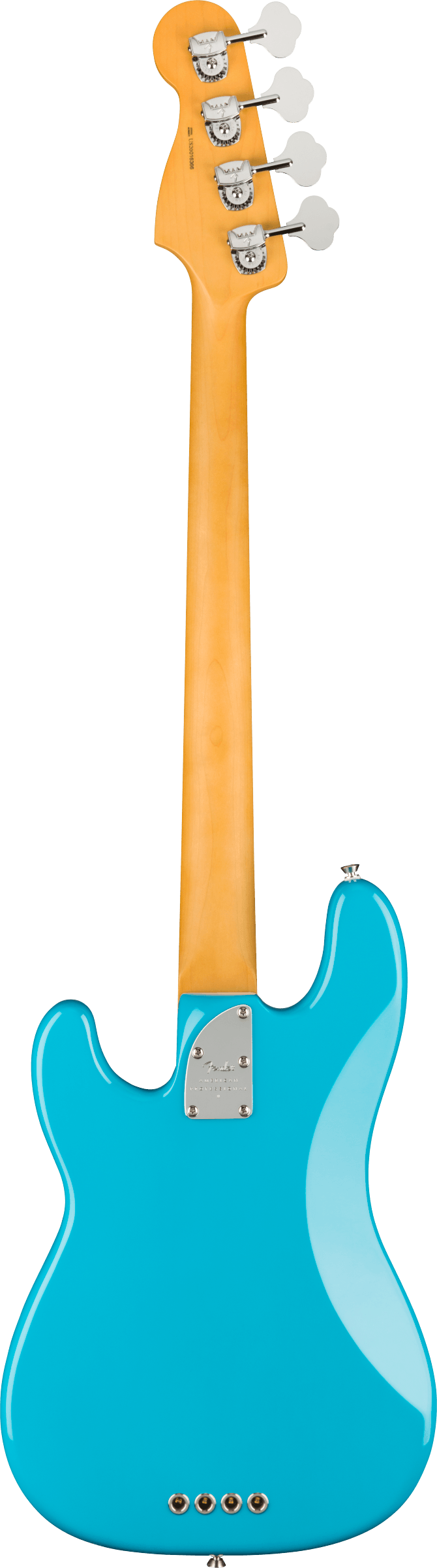The image shows the back of a 4-string electric bass guitar with a vibrant blue body and a natural maple neck. Visible features include a bass-style headstock with four chrome tuning pegs and white buttons, a glossy blue Precision Bass-style body, a chrome neck plate, and four control knobs at the bottom. The design combines classic and modern elements, suggesting a professional product photo likely for retail or catalog use.