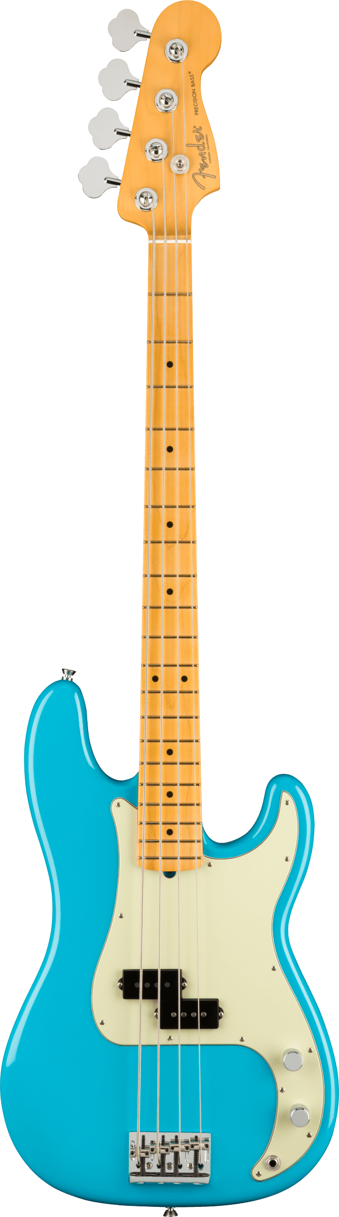The image shows a 4-string electric bass guitar, likely a Fender Precision Bass, with a bright blue/turquoise glossy body and cream pickguard. It features a maple neck with black dot inlays, four chrome tuning pegs on a classic Fender-style headstock, a split-coil pickup, chrome bridge, and standard volume and tone knobs. This instrument is commonly used in various music genres for rhythm and low-end foundation.