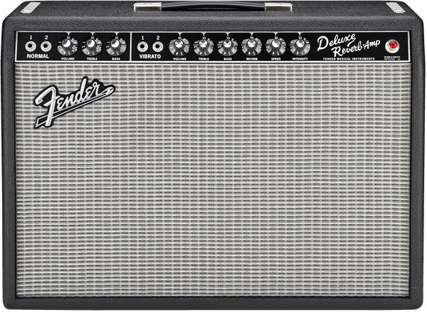The image shows a Fender Deluxe Reverb guitar amplifier with a black tolex exterior and silver grille featuring the Fender logo. It has a top control panel with knobs for tone, volume, reverb, and vibrato, two input jacks, and a carrying handle. This classic tube amp is known for its warm tone, built-in spring reverb, vibrato, and 22 watts of power, popular in blues, rock, country, and jazz.