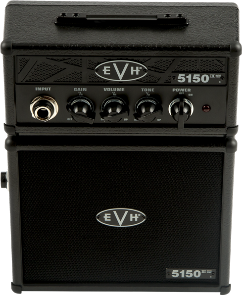 The image shows an EVH 5150III Micro Stack, a compact guitar amplifier modeled after Eddie Van Halen's 5150 series. It features a top head unit with controls and a headphone jack, and a bottom cabinet housing the speaker. Designed as a portable practice amp, it delivers EVH’s iconic high-gain tone in a small format, with the EVH logo visible on both parts.