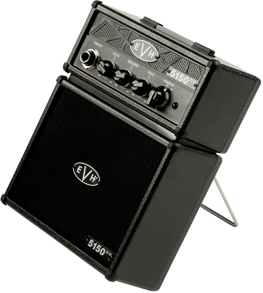 The image shows a compact EVH (Eddie Van Halen) 5150 guitar amplifier with a two-piece design: a detachable amp head featuring tone and volume controls, and a speaker cabinet displaying the EVH logo. It has a black finish with silver accents and a small side kickstand. This mini amp is ideal for practice or small gigs, known for delivering high-gain rock and metal tones inspired by Eddie Van Halen's iconic sound.