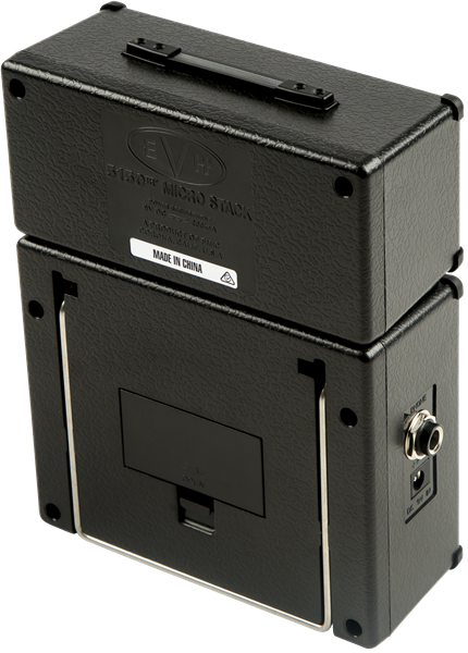 The image shows a black guitar amplifier stack with a two-piece design: a top amplifier head featuring controls and a carrying handle, and a bottom speaker cabinet with visible input jacks and a small port. This compact unit, likely tube or solid-state, is used to amplify and shape electric guitar sound. Its sturdy black finish suggests suitability for practice, recording, or small performances.