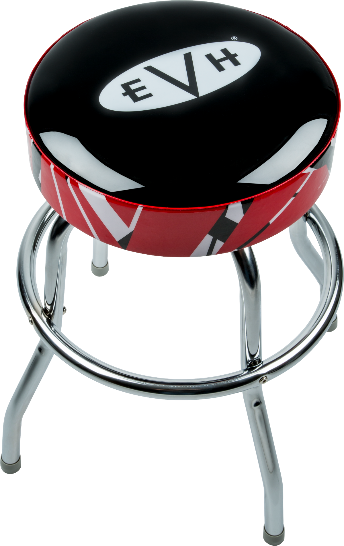 The image shows a music-themed bar stool featuring a round padded black seat with a white EVH logo in an oval. The seat sides have red and white stripes inspired by Eddie Van Halen's guitar design. It has a chrome swivel base with four legs and a footrest ring. This EVH-branded stool is likely intended for music stores, guitar shops, home studios, or music rooms.