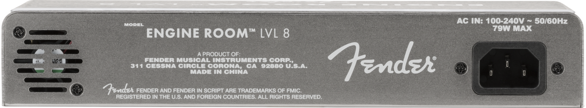 The image shows the back panel of a Fender "Engine Room LVL 8" amplifier. It features a standard IEC power inlet (100-240V, 50/60Hz, 75W max), ventilation grilles, mounting holes, and the Fender logo. The panel lists the manufacturer as Fender Musical Instruments Corp., located in Corona, CA, with the unit made in China. This digital guitar amplifier or multi-effects processor is designed for international use.
