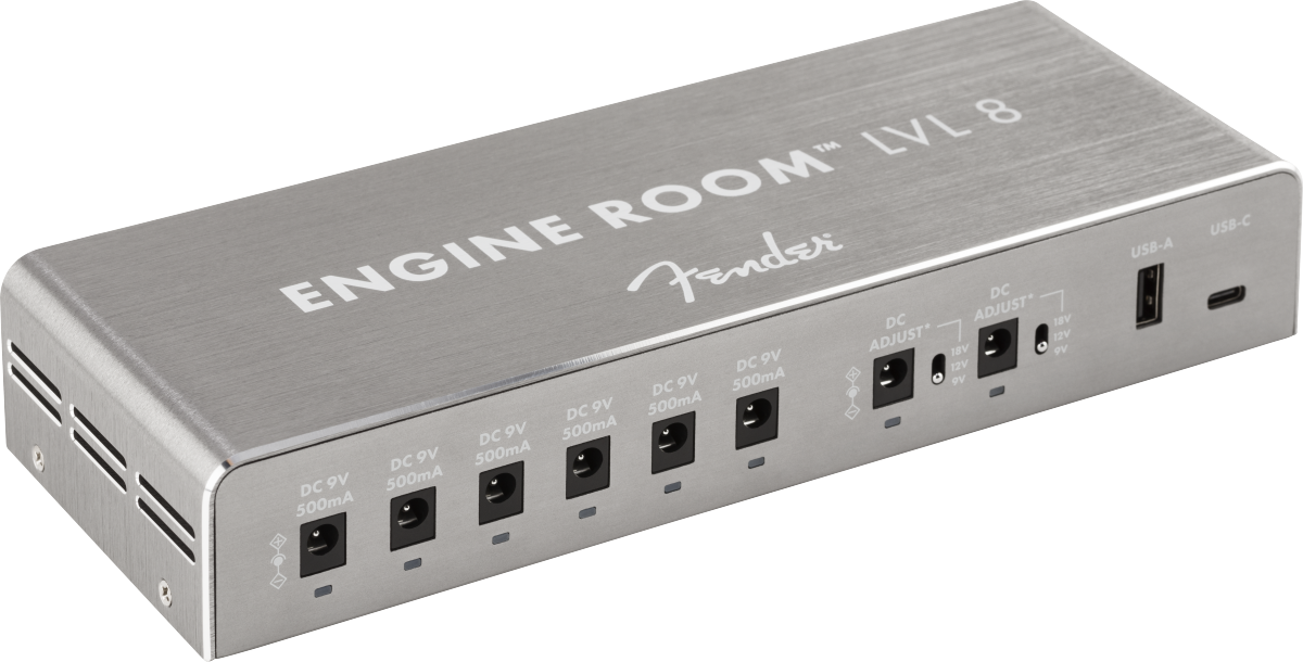 The image shows the Fender Engine Room LVL 8 power supply, featuring 8 isolated 9V outputs with varying milliamp ratings, a compact brushed aluminum metal housing, and USB ports. Designed for clean, stable power, it helps eliminate noise and ground loops, supports diverse pedal power needs, and keeps pedalboards organized. Ideal for medium to large setups, it reflects Fender’s professional build quality.