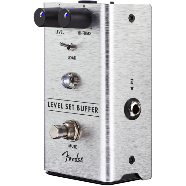 The image shows a Fender Level Set Buffer guitar effects pedal in a brushed aluminum enclosure. It features Level and Hi-Freq knobs, a Load switch, a Mute footswitch, and 1/4" input/output jacks. This pedal preserves signal integrity and tone in long cable runs or complex setups, allowing level adjustment while maintaining the guitar’s natural sound. Fender branding is visible on the pedal.