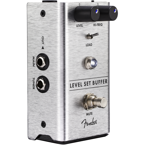 The image shows a Fender Level Set Buffer guitar pedal in a compact brushed aluminum enclosure. It features Level and Hi-Freq knobs, a load switch to simulate amplifier input impedance, Main and Tuner input/output jacks, a mute footswitch for silent tuning, an LED indicator, and Fender branding. This buffer pedal preserves signal integrity over long cable runs and offers tuning and impedance options for guitarists and bassists.
