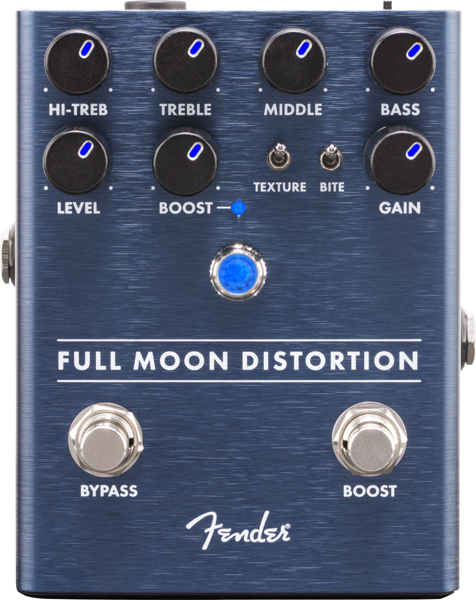 The image shows a Fender Full Moon Distortion pedal with a blue brushed metal finish. It has two rows of knobs for HI-TREB, TREBLE, MIDDLE, BASS, LEVEL, BOOST, and GAIN, plus toggle switches for TEXTURE and BITE. There are dual footswitches labeled BYPASS and BOOST, with blue LED indicators. This high-end pedal offers extensive tone shaping and separate boost control for versatile distortion sounds.