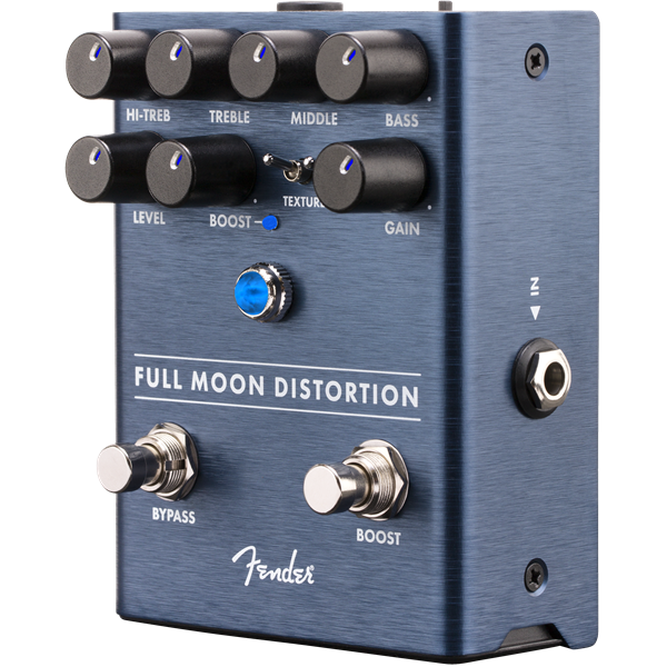 The image shows a Fender Full Moon Distortion guitar effects pedal with a brushed aluminum/blue finish and classic Fender logo. It features control knobs for Hi-Treb, Treble, Middle, Bass, Level, Boost, Texture, and Gain. There are two footswitches for bypass and boost, a small blue toggle switch, 1/4" input/output jacks, and a power input. Designed for versatile distortion and tone shaping.