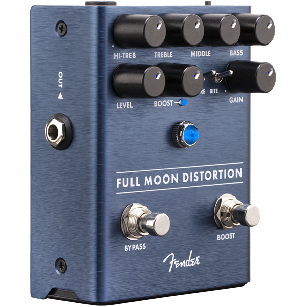 The image shows a Fender Full Moon Distortion guitar effects pedal with a blue brushed metal finish. It features control knobs for Hi-Treb, Treble, Middle, Bass, Level, Boost, and Gain. There are two footswitches labeled Bypass and Boost, an input jack, an output jack, and a blue LED indicator. This pedal adds distortion and overdrive to electric guitar signals, with EQ and boost controls to shape tone and increase gain.