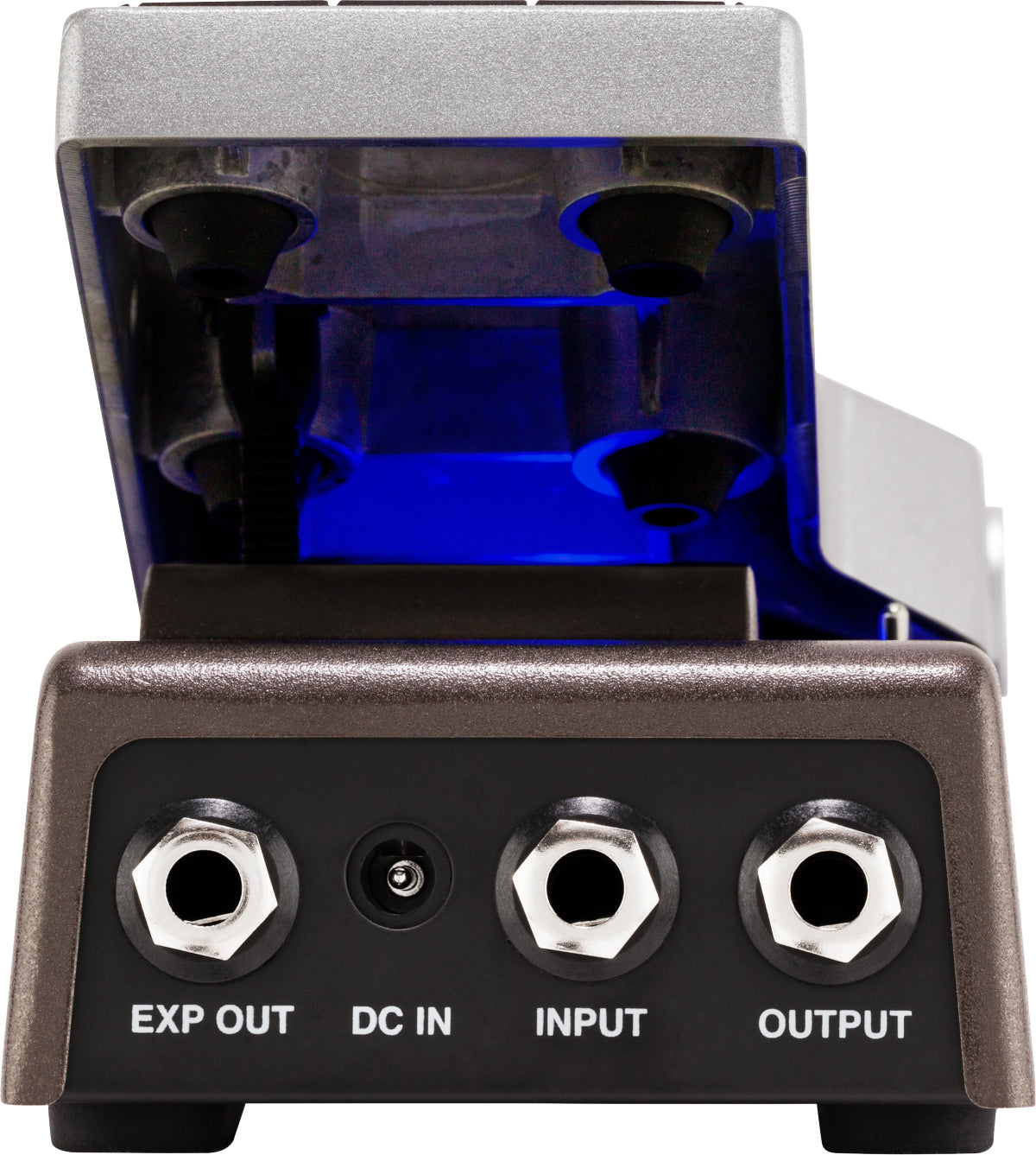 The image shows a guitar effects pedal with a metallic silver housing and a clear, blue-illuminated top revealing vacuum tubes inside. It features input/output jacks labeled "EXP OUT," "DC IN," "INPUT," and "OUTPUT." This tube-driven distortion or overdrive pedal offers warm tonal coloring, with the "EXP OUT" jack for expression pedal control. Its design suggests a high-quality, boutique-style effect device.