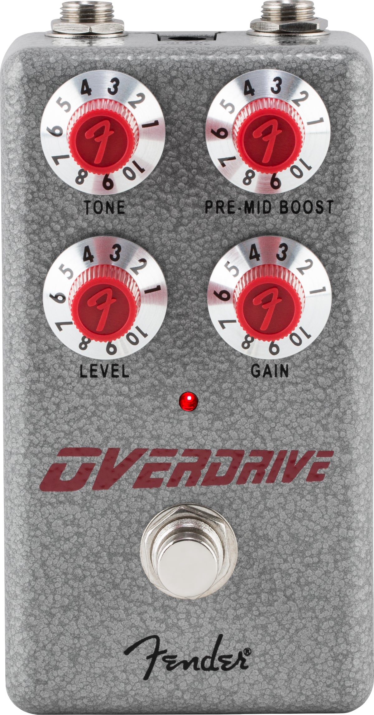 The image shows a Fender Overdrive guitar effects pedal with a gray/silver textured metal housing and classic Fender branding. It has four control knobs with red centers for Tone, Pre-Mid Boost, Level, and Gain, each numbered 1-10. A red LED indicates when active, with a footswitch below and input/output jacks on top. This compact stompbox adds warm, tube-style overdrive and sustain for rock and blues guitar tones.