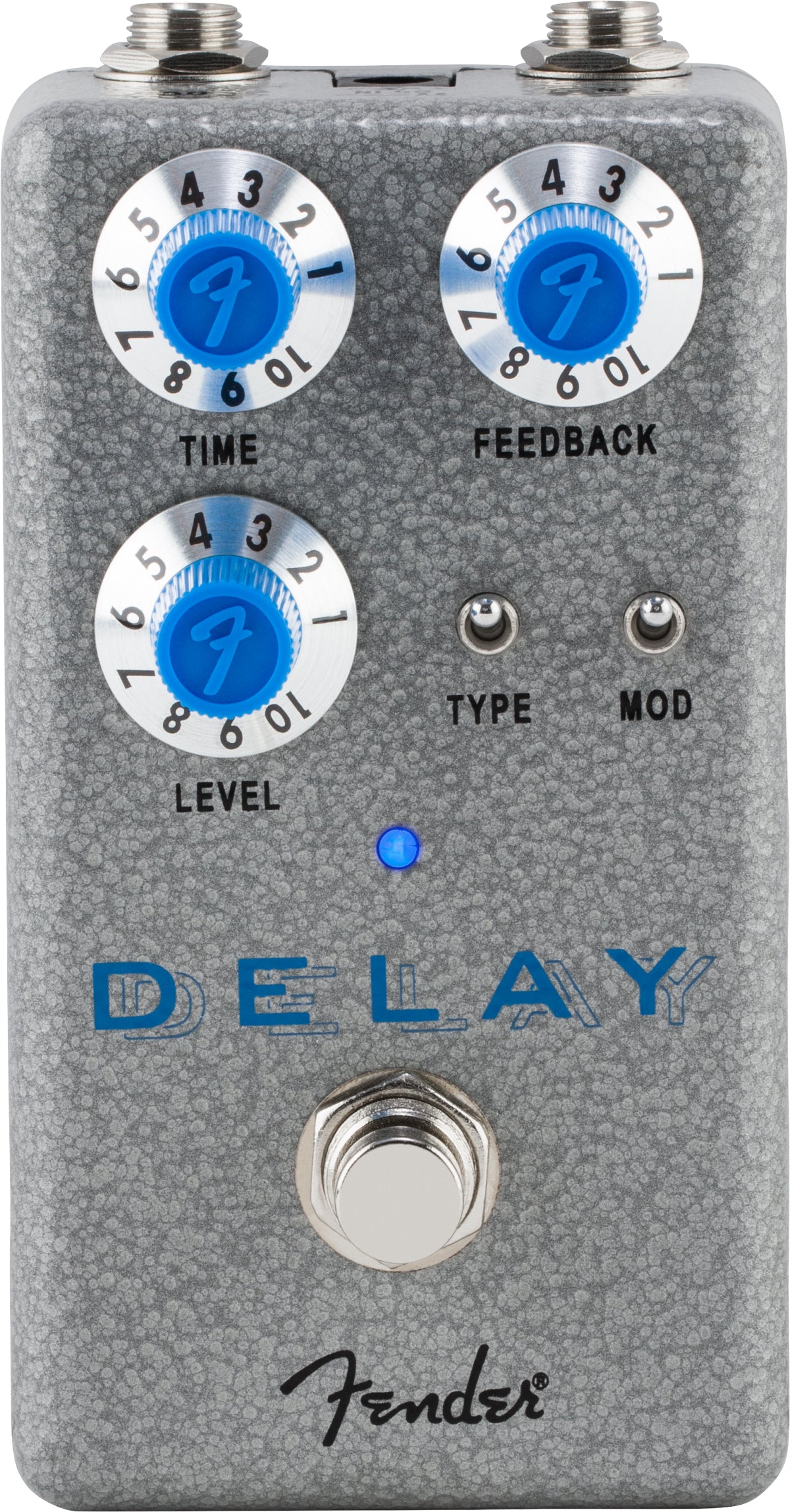 The image shows a Fender Delay guitar effects pedal, a compact stompbox for creating delay and echo effects. It features TIME, FEEDBACK, and LEVEL knobs; TYPE and MOD toggle switches; a gray hammered metal finish with blue accents; the Fender logo; 1/4" input/output jacks; an LED indicator; and a metal footswitch. Designed for guitarists to add spacious echo and modulation to their sound.