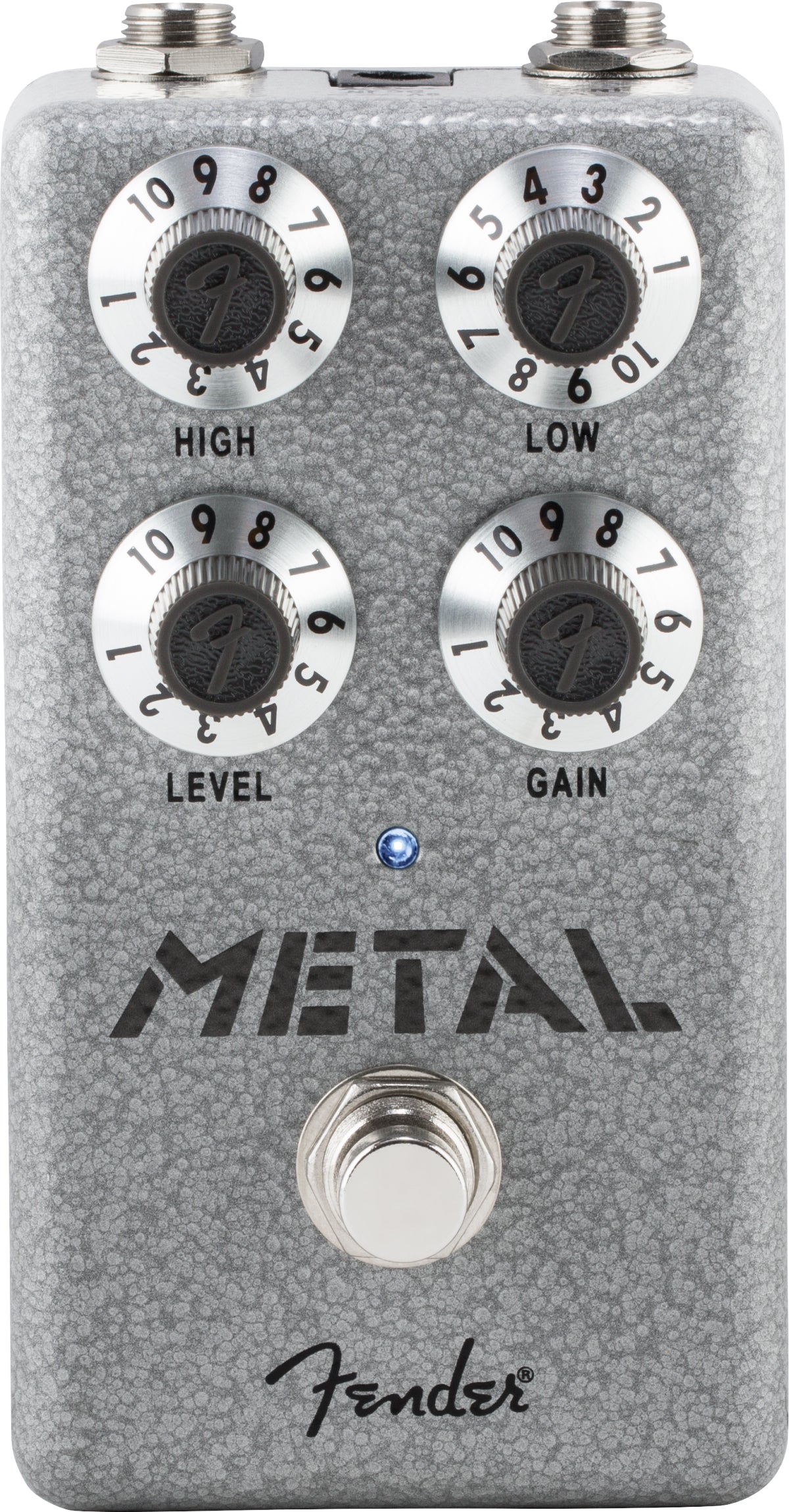 The image shows a Fender "Metal" distortion guitar effects pedal with a gray textured finish. It has four knobs—High (treble), Low (bass), Level (output volume), and Gain (distortion). The pedal includes two jacks at the top, a footswitch at the bottom, an LED indicator, and the Fender logo. Designed for heavy, distorted tones ideal for metal and hard rock guitar.