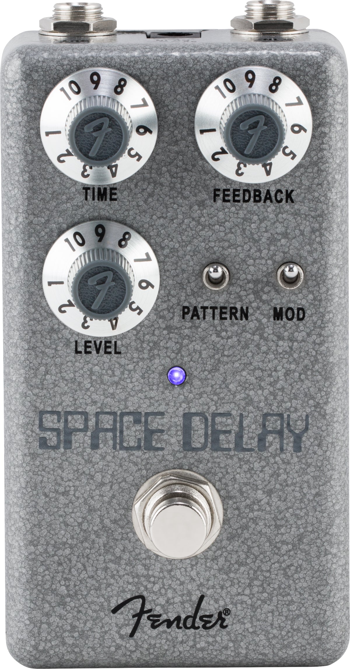 The image shows a Fender Space Delay guitar effects pedal with a compact gray/silver textured design. It has three main knobs (TIME, FEEDBACK, LEVEL), two smaller toggle switches (PATTERN, MOD), input/output jacks, a footswitch, a blue LED indicator, and the Fender logo. This digital delay pedal creates versatile echo and modulation effects, ideal for pedalboards.