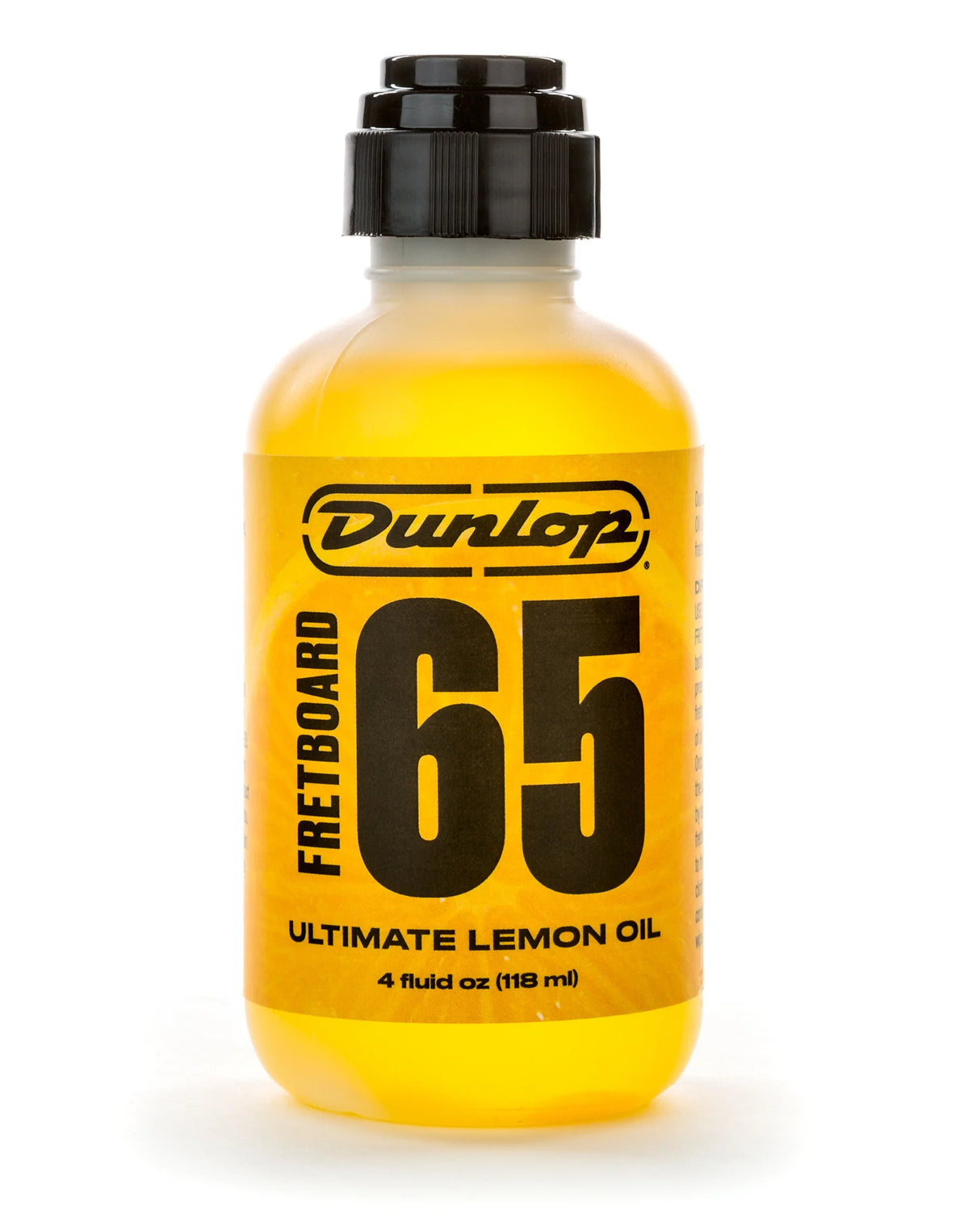 The image shows a 4 fl oz (118 ml) bottle of Dunlop Fretboard 65 Ultimate Lemon Oil, a yellow solution for cleaning and conditioning guitar fretboards. It helps remove dirt, restore natural oils, prevent drying and cracking, and keep fretboards smooth. Ideal for rosewood, ebony, and unfinished woods, this product is essential for maintaining and extending the life of guitar fretboards.