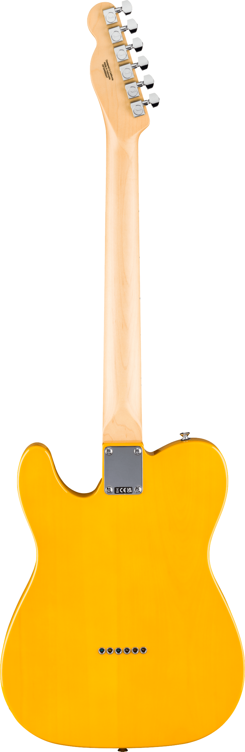 The image shows the back of a Telecaster-style electric guitar with a bright yellow butterscotch glossy body, classic single-cutaway shape, and a natural maple bolt-on neck. It features six chrome tuning machines with white buttons in a 6-inline configuration, a metal neck plate, and small holes at the body’s bottom. The guitar is displayed against a white background, highlighting its vintage-inspired design.