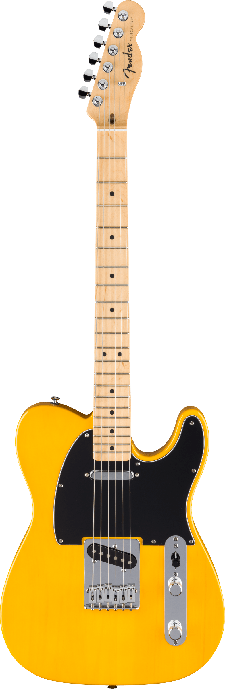 The image shows a bright butterscotch Fender Telecaster electric guitar with its iconic single-cutaway solid body. It features a natural wood headstock with the Fender logo, six chrome tuning pegs, a maple neck with dot fret markers, a black pickguard, two control knobs on a metal plate, a visible bridge pickup, and chrome bridge hardware. This classic model is in excellent condition, showcasing the timeless Telecaster design.