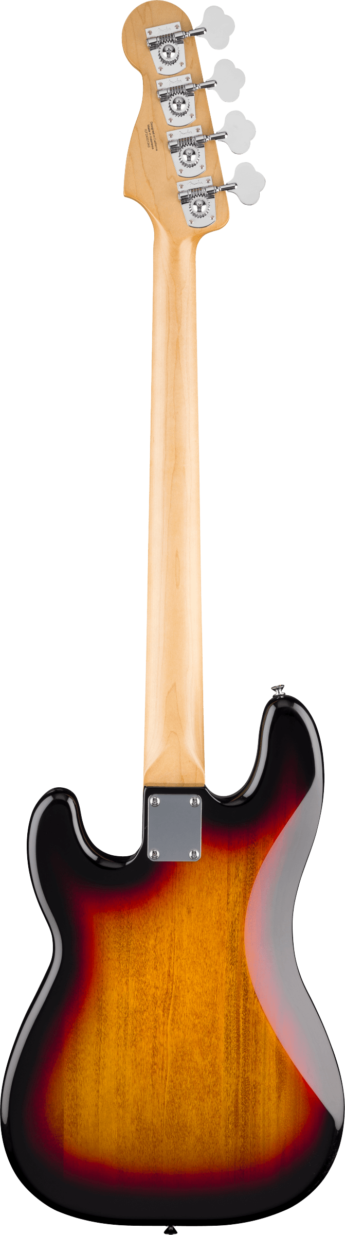 The image shows the back of a modern electric bass guitar with a natural maple headstock featuring four chrome open-gear tuners with white buttons. The light maple neck has a glossy finish and bolt-on construction with a visible neck plate. The body has a sunburst finish fading from dark edges to lighter center and a classic shape, suggesting a Fender-inspired design with high-gloss polyurethane coating.